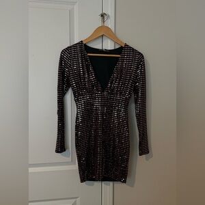 Glamorous Black and Silver Sequin Long Sleeve Dress